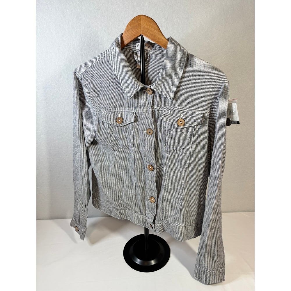 Dash Womens Linen Blend Striped Trucker Jacket Blue White Ticking Stripe Medium